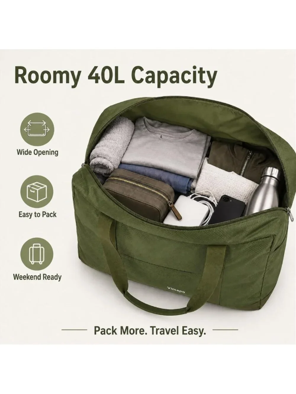 Lightweight Foldable Travel Duffle Bag with Trolley Sleeve, 40L Capacity, Army